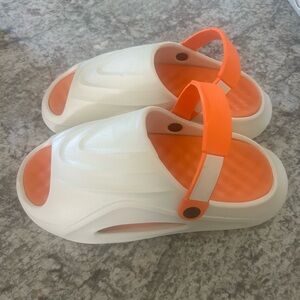 White and Orange Slip-On Sandals with Adjustable Strap